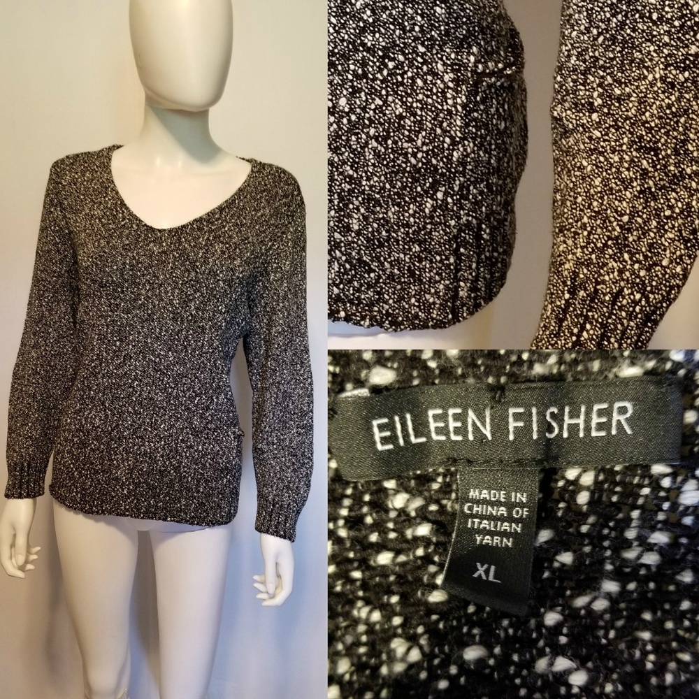 EILEEN FISHER Black & White V Neck Sweater